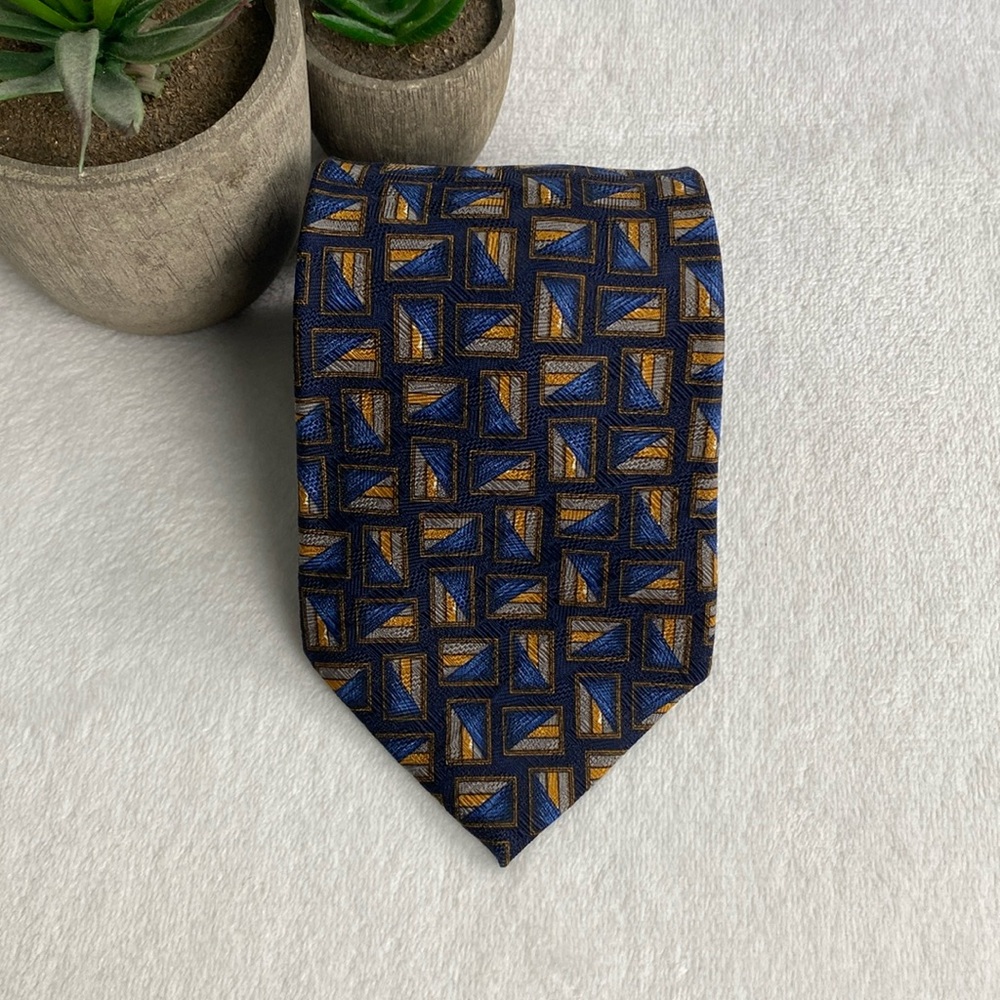 Mulberry Geometric Patterned Silk Neck Tie (Blue/Yellow/Gray)